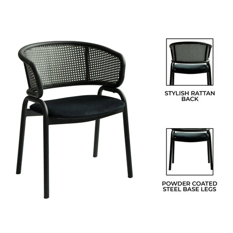 Ervilla Dining Armchair with Black Steel Legs and Black Wicker Back Set of 2