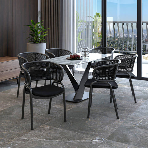 Ervilla Dining Armchair with Black Steel Legs and Black Wicker Back Set of 4