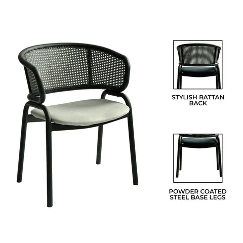 Ervilla Dining Armchair with Black Steel Legs and Black Wicker Back Set of 2