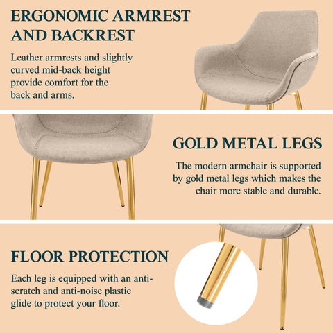 Markley Modern Leather Dining Arm Chair With Gold Metal Legs Set of 2