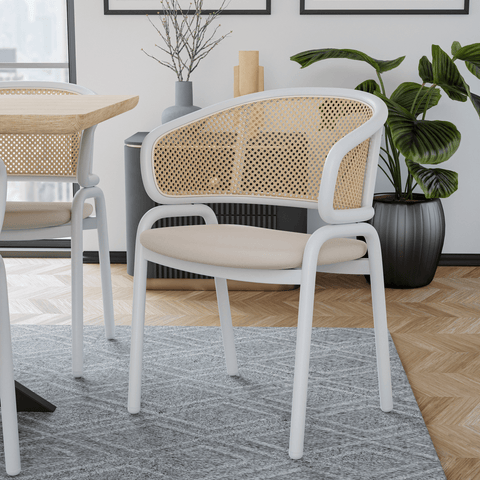 Ervilla Modern Dining Armchair with White Powder Coated Steel Legs and Wicker Back Set of 4