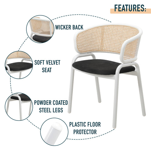 Ervilla Dining Armchair with White/Black Steel Legs and Black/Brown Wicker Back