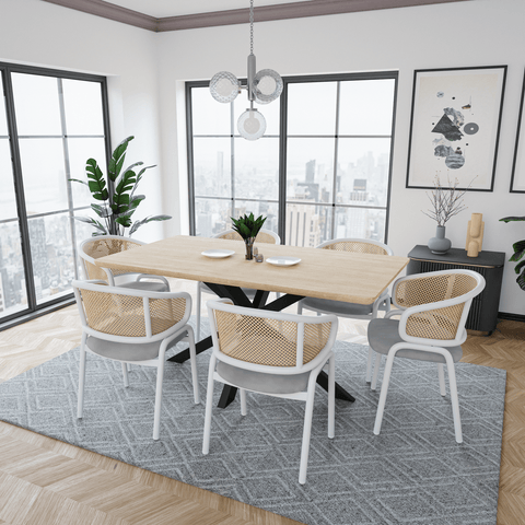 Ervilla Modern Dining Armchair with White Powder Coated Steel Legs and Wicker Back Set of 4