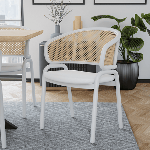 Ervilla Modern Dining Armchair with White Powder Coated Steel Legs and Wicker Back Set of 4