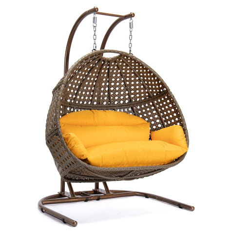 Wicker Hanging Double Egg Beige Swing Chair with an Iron Base