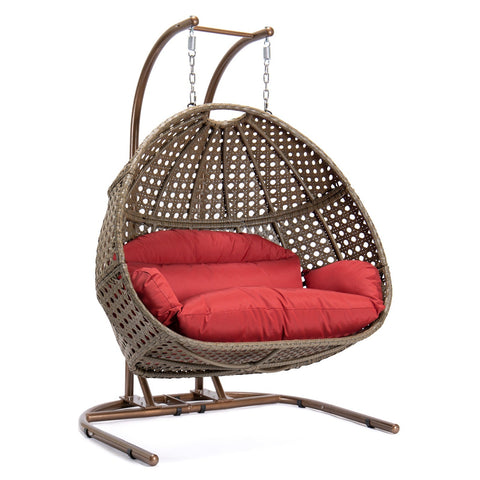 Wicker Hanging Double Egg Beige Swing Chair with an Iron Base