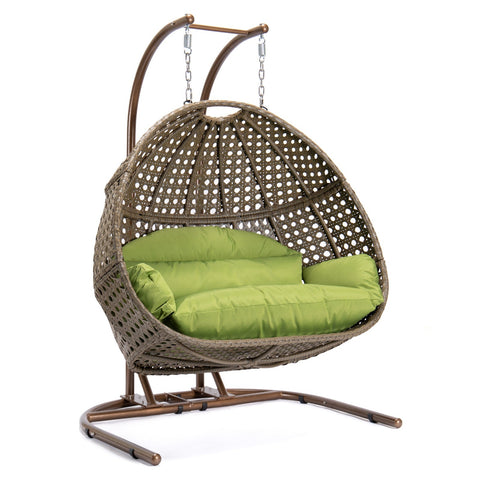 Wicker Hanging Double Egg Beige Swing Chair with an Iron Base