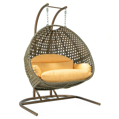 Wicker Hanging Double Egg Beige Swing Chair with an Iron Base