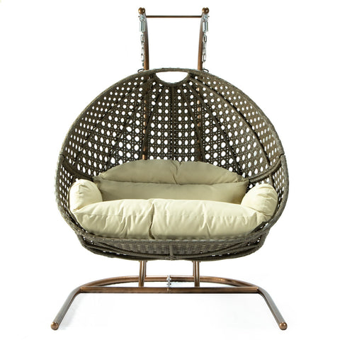 Wicker Hanging Double Egg Beige Swing Chair with an Iron Base