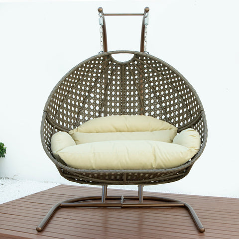 Wicker Hanging Double Egg Beige Swing Chair with an Iron Base