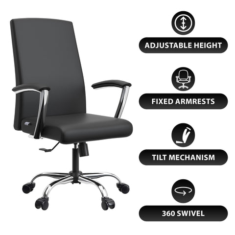 Evander Mid-Century Modern Swivel Office Chair in Faux Leather with Adjustable Height and Silver Frame