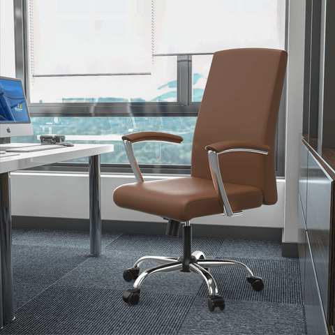 Evander Mid-Century Modern Swivel Office Chair in Faux Leather with Adjustable Height and Silver Frame