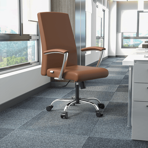 Evander Mid-Century Modern Swivel Office Chair in Faux Leather with Adjustable Height and Silver Frame