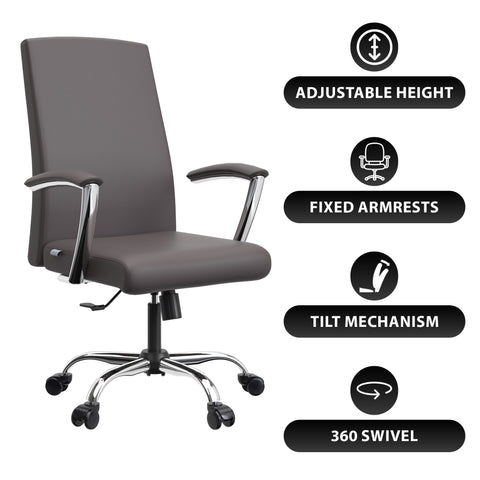 Evander Mid-Century Modern Swivel Office Chair in Faux Leather with Adjustable Height and Silver Frame