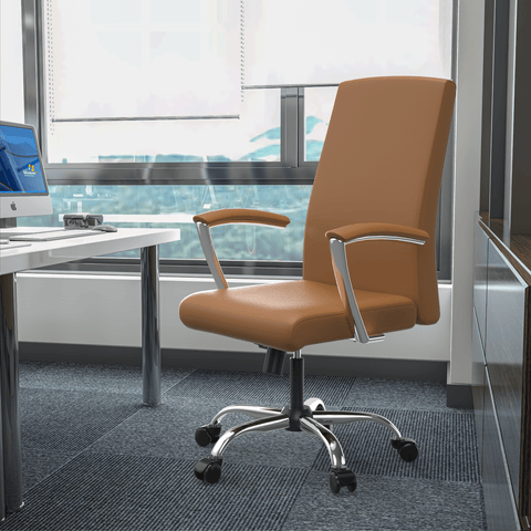 Evander Mid-Century Modern Swivel Office Chair in Faux Leather with Adjustable Height and Silver Frame