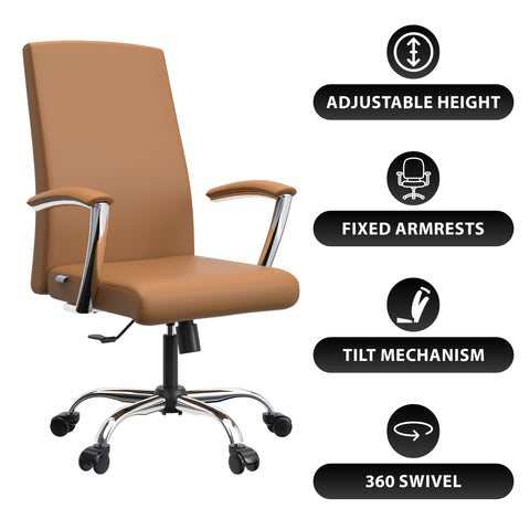 Evander Mid-Century Modern Swivel Office Chair in Faux Leather with Adjustable Height and Silver Frame