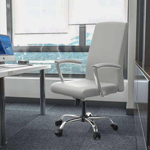 Evander Mid-Century Modern Swivel Office Chair in Faux Leather with Adjustable Height and Silver Frame