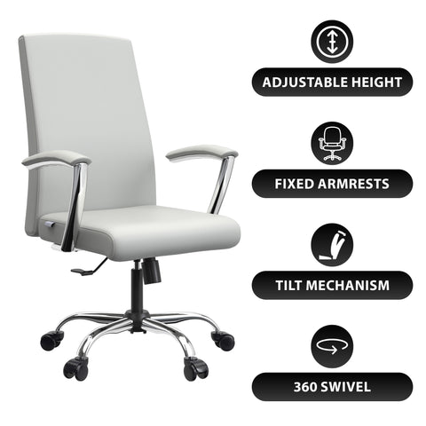 Evander Mid-Century Modern Swivel Office Chair in Faux Leather with Adjustable Height and Silver Frame