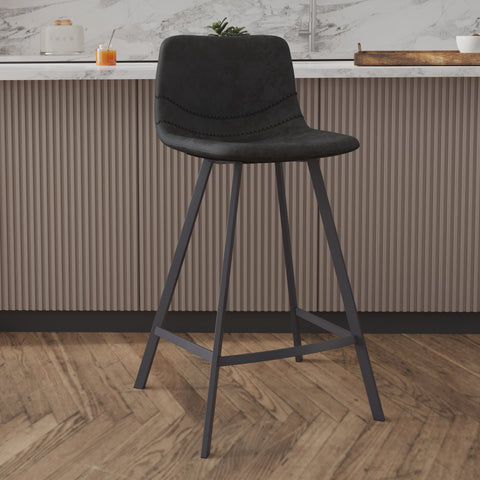 Elland Modern Upholstered Leather Bar Stool With Black/White Iron Legs & Footrest