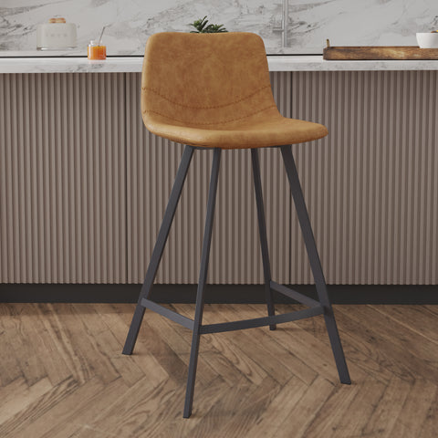 Elland Modern Upholstered Leather Bar Stool With Black/White Iron Legs & Footrest