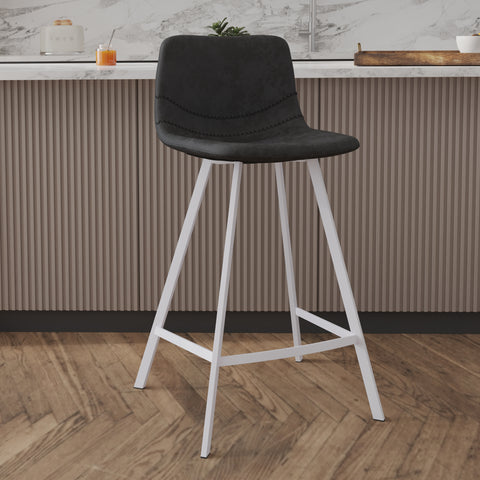 Elland Modern Upholstered Leather Bar Stool With Black/White Iron Legs & Footrest