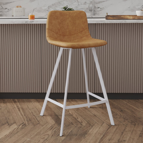 Elland Modern Upholstered Leather Bar Stool With Black/White Iron Legs & Footrest