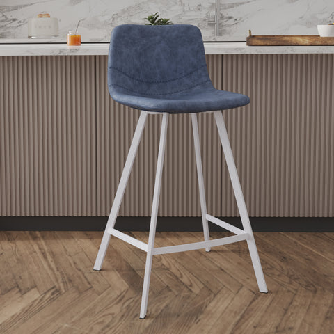 Elland Modern Upholstered Leather Bar Stool With Black/White Iron Legs & Footrest