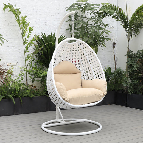 White Wicker Hanging Single Egg Swing Chair With Cushions