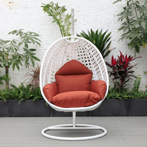 White Wicker Hanging Single Egg Swing Chair With Cushions