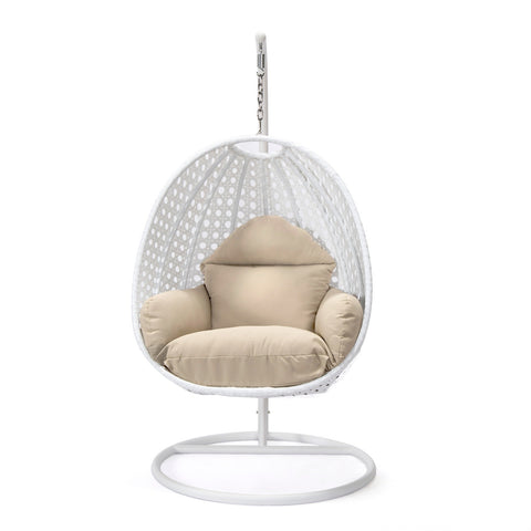 White Wicker Hanging Single Egg Swing Chair With Cushions