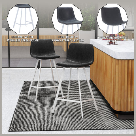 Elland Modern Upholstered Leather Bar Stool With Black/White Iron Legs & Footrest