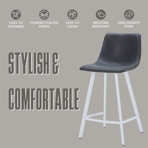 Elland Modern Upholstered Leather Bar Stool With Black/White Iron Legs & Footrest