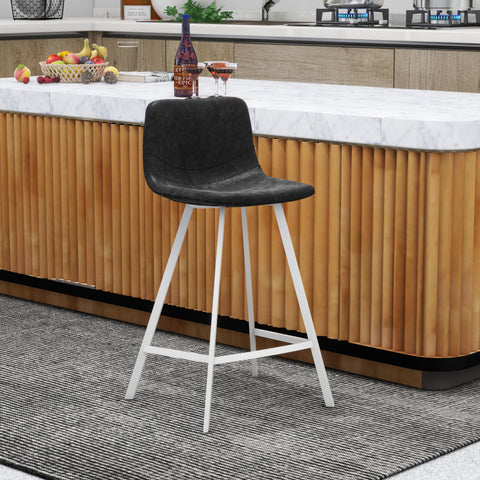 Elland Modern Upholstered Leather Bar Stool With Black/White Iron Legs & Footrest