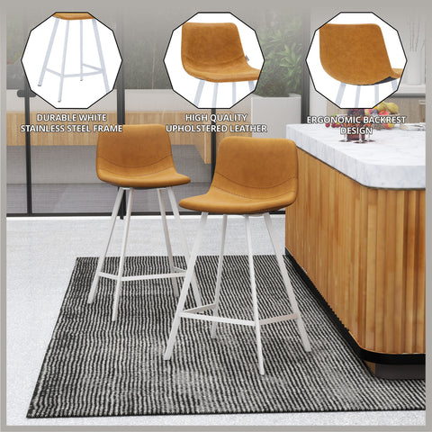 Elland Modern Upholstered Leather Bar Stool With Black/White Iron Legs & Footrest