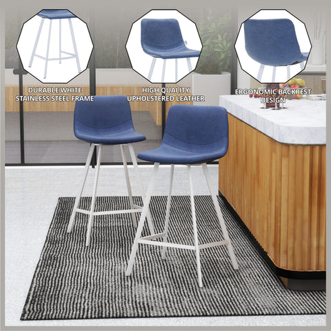 Elland Modern Upholstered Leather Bar Stool With Black/White Iron Legs & Footrest