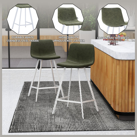 Elland Modern Upholstered Leather Bar Stool With Black/White Iron Legs & Footrest