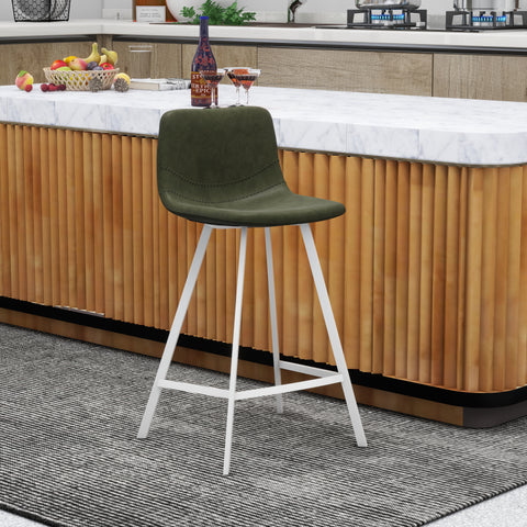 Elland Modern Upholstered Leather Bar Stool With Black/White Iron Legs & Footrest