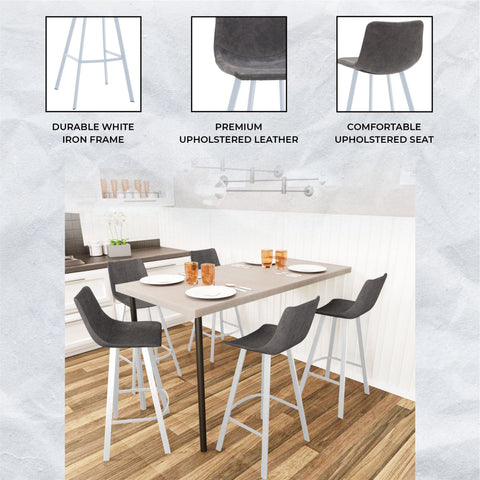 Elland Modern Upholstered Leather Bar Stool With Black/White Iron Legs & Footrest