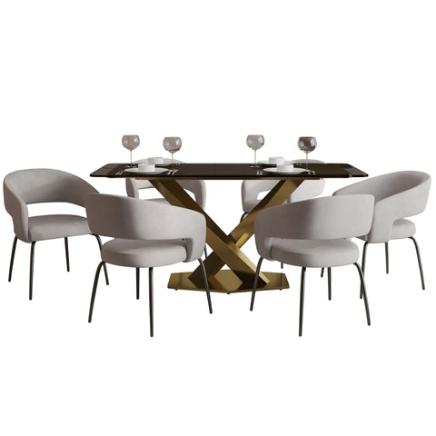 Voren 7-Piece Dining Set with Rectangular Glass Dining Table Gold Base and 6 Velvet Dining Chairs with Iron Base