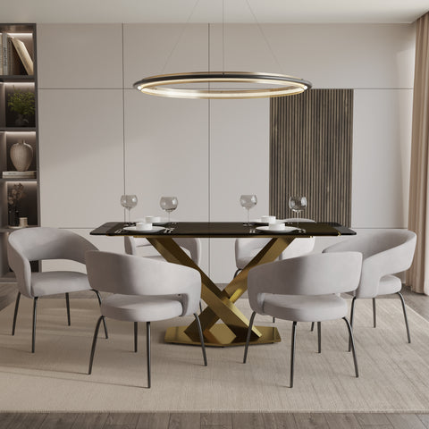 Voren 7-Piece Dining Set with Rectangular Glass Dining Table Gold Base and 6 Velvet Dining Chairs with Iron Base