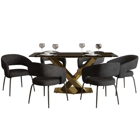 Voren 7-Piece Dining Set with Rectangular Glass Dining Table Gold Base and 6 Velvet Dining Chairs with Iron Base