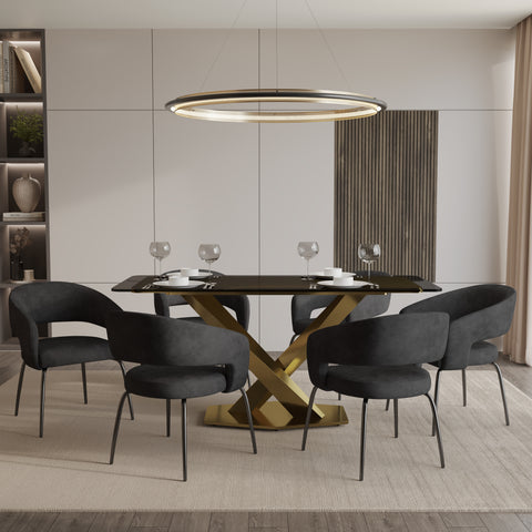 Voren 7-Piece Dining Set with Rectangular Glass Dining Table Gold Base and 6 Velvet Dining Chairs with Iron Base