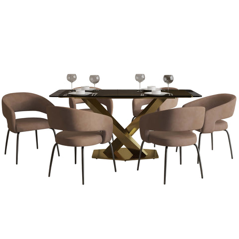 Voren 7-Piece Dining Set with Rectangular Glass Dining Table Gold Base and 6 Velvet Dining Chairs with Iron Base