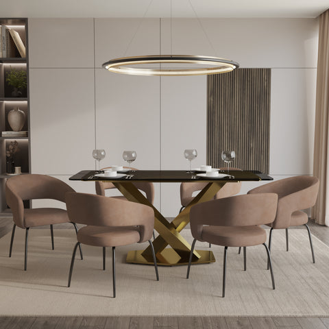 Voren 7-Piece Dining Set with Rectangular Glass Dining Table Gold Base and 6 Velvet Dining Chairs with Iron Base