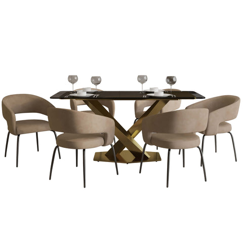 Voren 7-Piece Dining Set with Rectangular Glass Dining Table Gold Base and 6 Velvet Dining Chairs with Iron Base