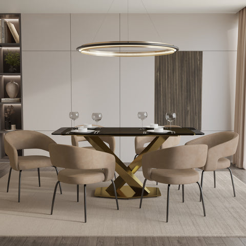 Voren 7-Piece Dining Set with Rectangular Glass Dining Table Gold Base and 6 Velvet Dining Chairs with Iron Base