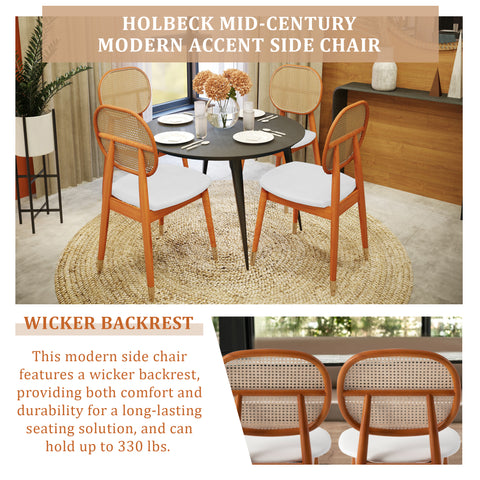 Holbeck Mid-Century Modern Wicker Dining Chair with Upholstered Leather Seat and Beech Wood Legs, Accent Side Chair for Kitchen and Dining Room