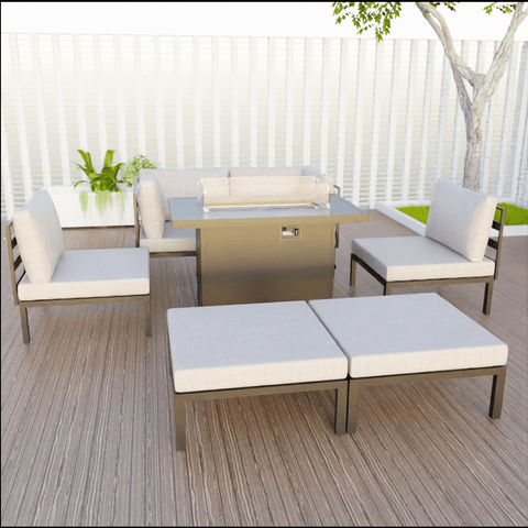 Hamilton 7-Piece Aluminum Patio Conversation Set With Fire Pit Table And Cushions