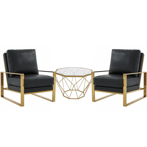 Jefferson Modern Leather Arm Chairs with Gold Frame and Coffee Table with Gold Geometric Base for Living Room