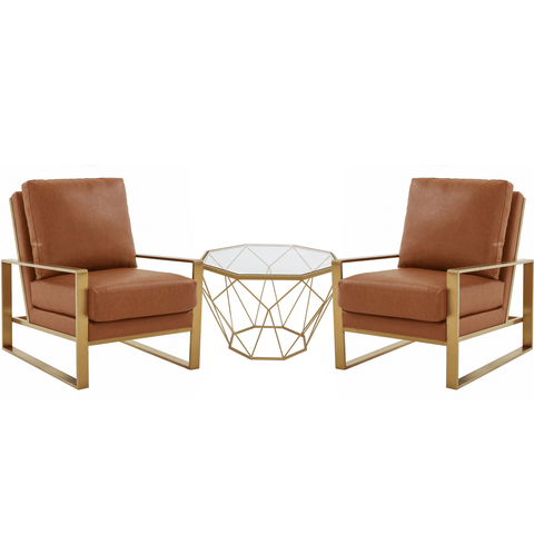 Jefferson 3-Piece Leather Arm Chairs and Octagonal Coffee Table with Gold Base Set for Living Room